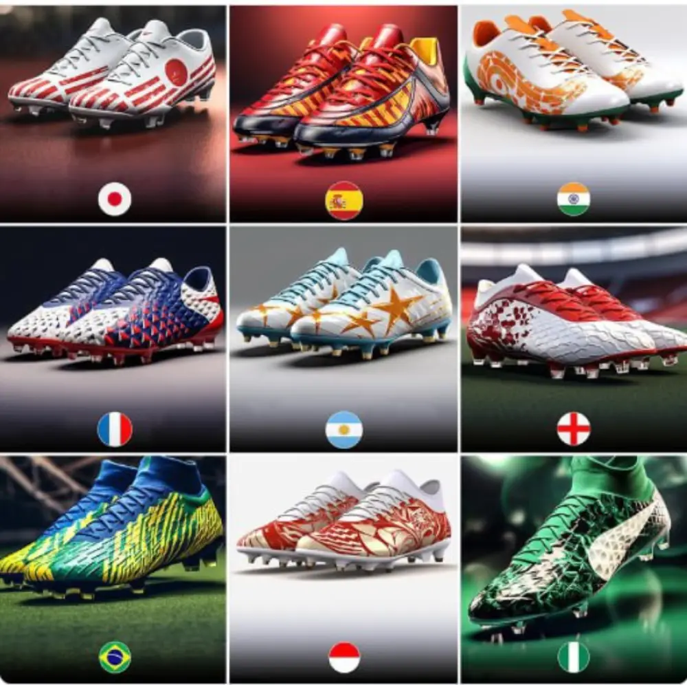 The neural network generated boots stylized in the style of national team flags